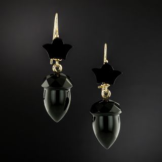 Victorian Onyx Acorn and Leaf Dangle Earrings - 4