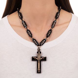 Victorian Onyx and Pearl Cross with Chain