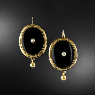Victorian Onyx and Pearl Oval Earrings  - 2