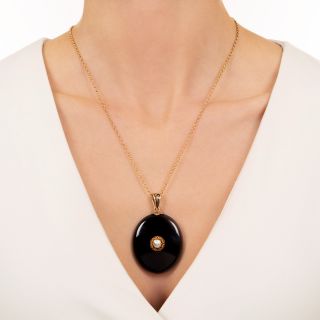 Victorian Onyx and Pearl Pendant Locket Necklace
