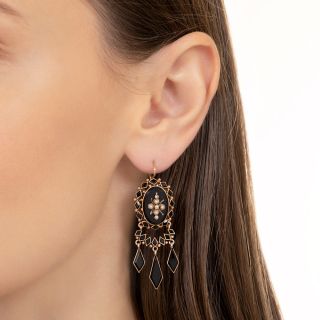 Victorian Onyx and Seed Pearl Dangle Earrings