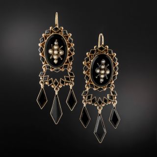 Victorian Onyx and Seed Pearl Dangle Earrings - 2