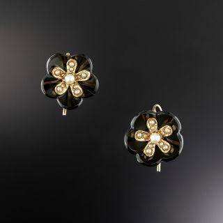Victorian Onyx and Seed Pearl Flower Earrings - 2