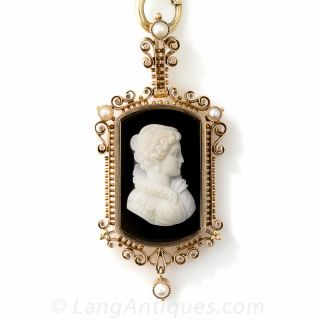 Victorian Onyx and Seed Pearl Necklace with Onyx Cameo Locket