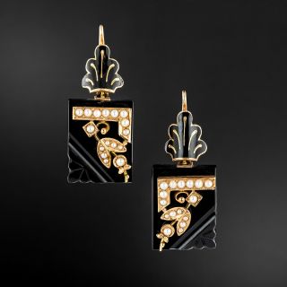 Victorian Onyx, Seed Pearl and Enamel Earrings - 2