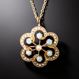 Victorian Opal and Seed Pearl Flower Pendant Brooch - 2
