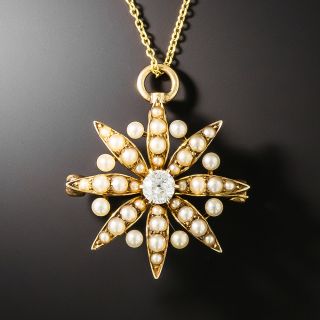Victorian Pearl and Diamond Starburst Pendant/Brooch by Solinger - 2