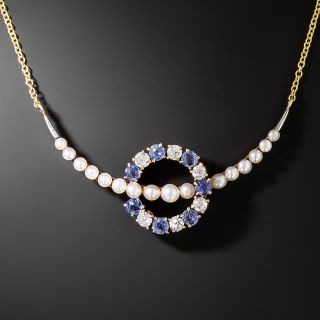 Victorian Pearl Crescent with Sapphire and Diamond Circle Necklace - 2