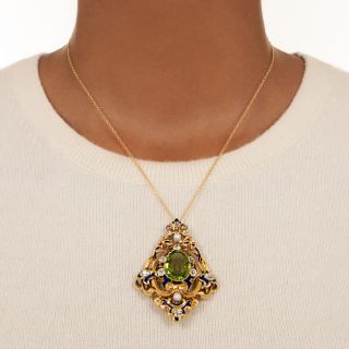 Victorian Peridot, Diamond, Pearl and Enamel Pendant/Brooch