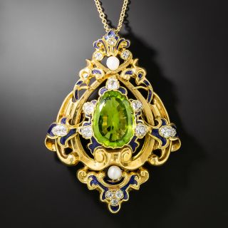 Victorian Peridot, Diamond, Pearl and Enamel Pendant/Brooch - 2