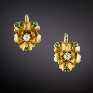 Victorian Petite Diamond and Emerald Pansy Earrings - 2