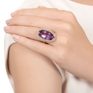 Victorian Revival Amethyst and Seed Pearl Halo Ring