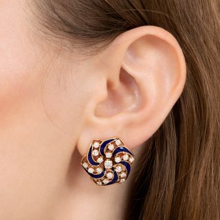 Victorian Revival Diamond and Blue Enamel Pinwheel Earrings