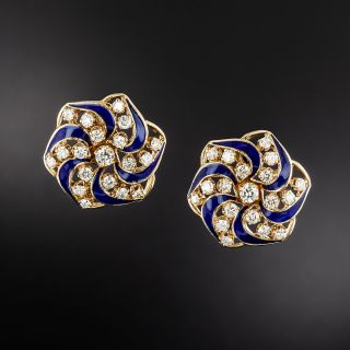Victorian Revival Diamond and Blue Enamel Pinwheel Earrings - 2
