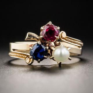 Victorian Rose Gold Natural Pearl Sapphire Ruby Clover Ring