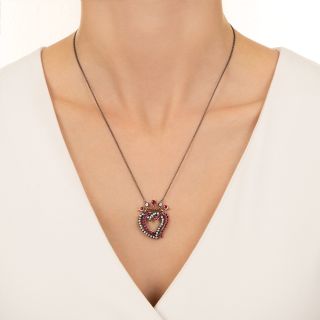 Victorian Ruby and Diamond Double Witch's Heart Pendant