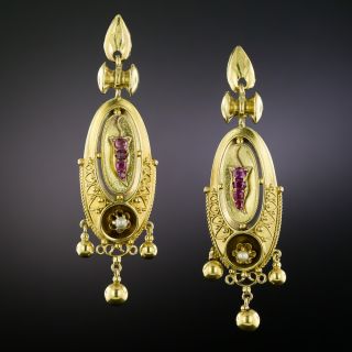 Victorian Ruby and Pearl Drop Earrings - 2