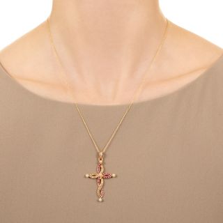 Victorian Ruby, Diamond And Natural Pearl Infinity Cross