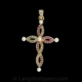 Victorian Ruby  Diamond and Pearl Infinity Cross Pendant Main View