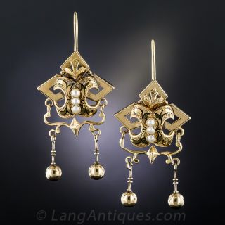 Victorian Seed Pearl and Enamel Earrings  - 4