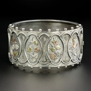 Victorian Silver & Gold Floral Motif Bangle - 2
