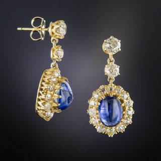 Victorian Style Cabochon Sapphire and Diamond Drop Earrings