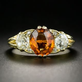 Victorian-Style Spessartine Garnet and Diamond Three-Stone Ring - 2