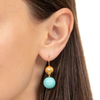 Victorian-Style Turquoise Ball And Diamond Earrings