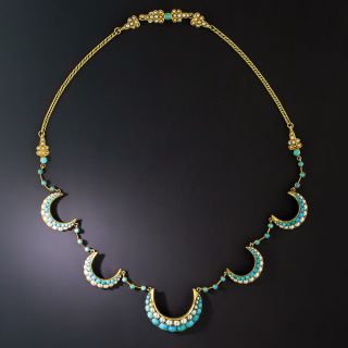 Victorian Turquoise and Pearl Crescents Necklace - 2