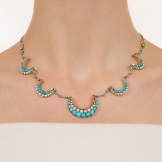 Victorian Turquoise and Pearl Crescents Necklace
