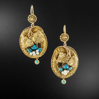 Victorian Turquoise And Seed Pearl Grape Leaf Earrings - 2