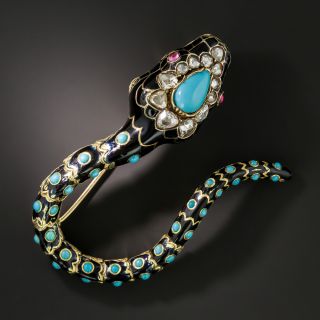 Victorian Turquoise, Diamond and Enamel Snake Brooch 