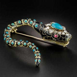 Victorian Turquoise, Diamond and Enamel Snake Brooch  - 4