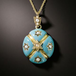 Victorian Turquoise Enamel and Pearl Locket Back Pendant - 2