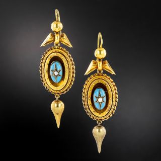 Victorian Turquoise Enamel and Seed Pearl Earrings - 2