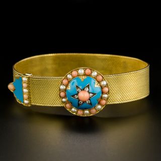 Victorian Turquoise, Enamel, Coral, and Natural Pearl Mesh Slide Bracelet - 2