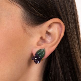 Vintage Amethyst, Nephrite and Diamond Flower Earrings by Birks