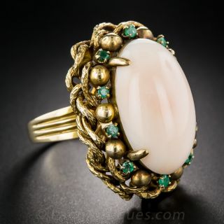 Vintage Angel Skin Coral & Emerald Ring