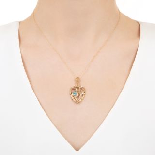 Vintage Blue Zircon Heart and Flower Pendant