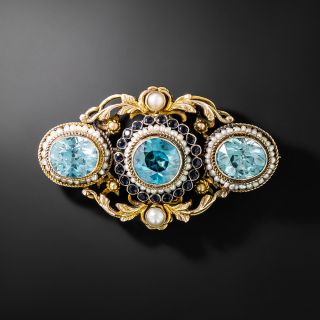 Vintage Blue Zircon, Sapphire and Pearl Brooch  - 2