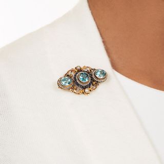 Vintage Blue Zircon, Sapphire and Pearl Brooch 