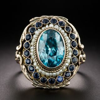 Vintage Blue Zircon, Seed Pearl and Sapphire Ring  - 2