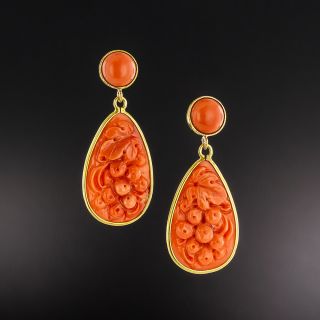 Vintage Carved Coral Drop Earrings - 2