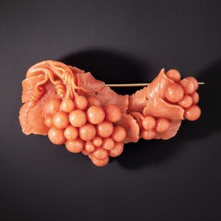 Vintage Carved Coral Grape Cluster Brooch - 1