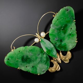 Vintage Carved Jade Butterfly Brooch  - 1