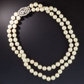 Vintage Double Pearl Strand with Diamond Clasp - 2