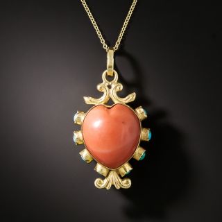 Vintage Double-Sided Heart Shape Coral and Turquoise Pendant - 2