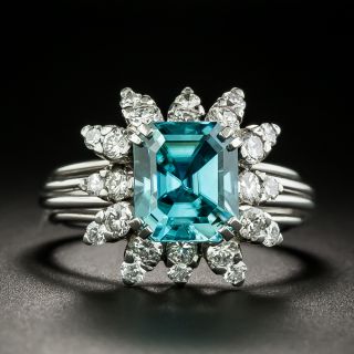 Vintage Emerald-Cut Blue Zircon and Diamond Ring - 1