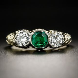 Vintage Emerald Diamond Three-Stone Ring - 1
