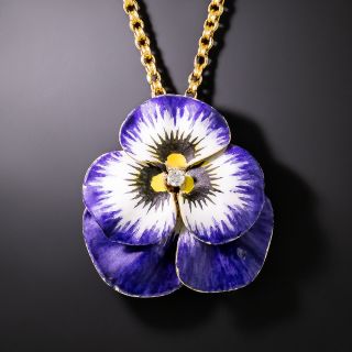 Vintage Enamel and Diamond Pansy Necklace/Brooch - 2